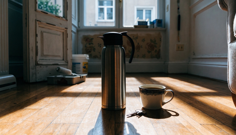 Thermoskanne mit Kaffee in der neuen Wohnung