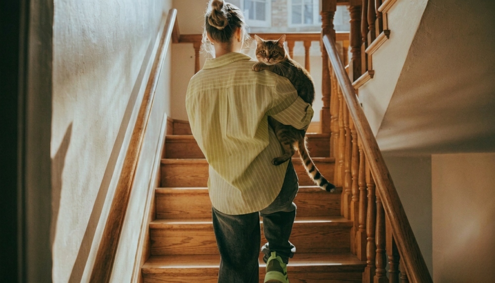 Mit der Katze die Treppe hinauf