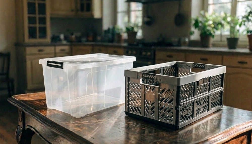 Große Umzugsboxen aus Kunststoff auf einem Küchentisch