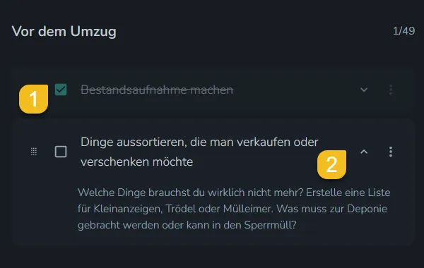 Screenshot: Aufgaben in der Umzugscheckliste abhaken