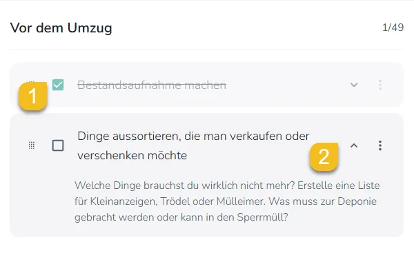 Screenshot: Aufgaben in der Umzugscheckliste abhaken
