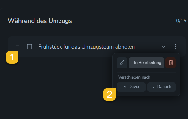 Screenshot: Aufgaben per Drag-and-drop in der Umzugscheckliste sortieren