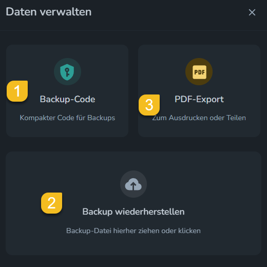 Screenshot: PDF-Export und Backup in der Checkliste