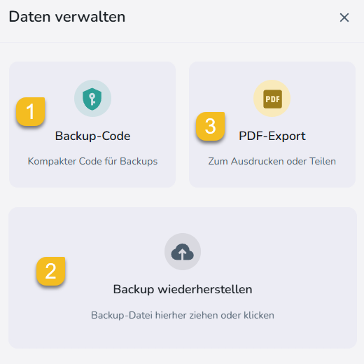 Screenshot: PDF-Export und Backup in der Checkliste
