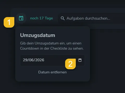 Screenshot: Umzugsdatum mit Countdown in der Checkliste