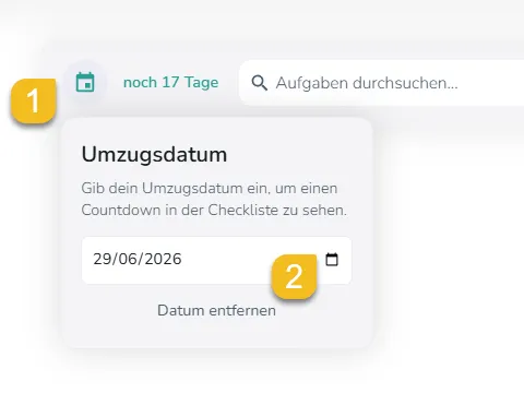 Screenshot: Umzugsdatum mit Countdown in der Checkliste